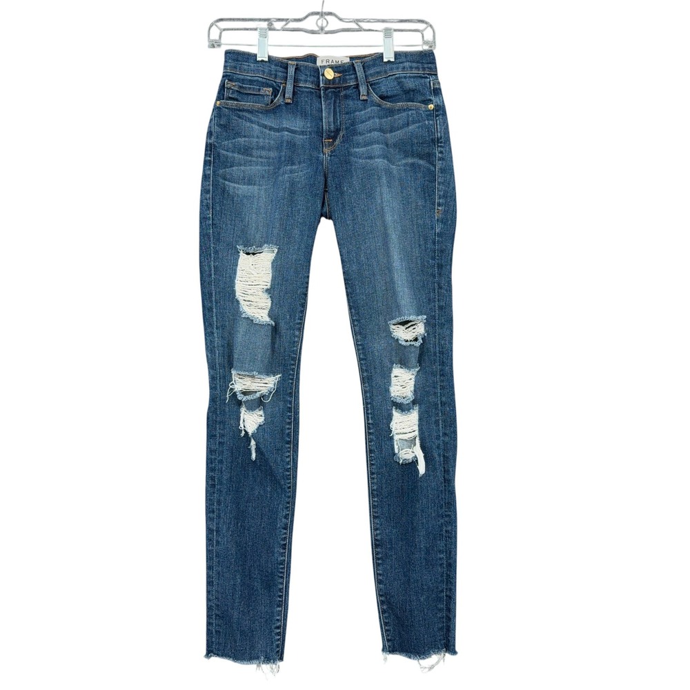 FRAME Le Skinny de Jeanne Womens 25 Cotton‎ Blue Park Jefferson Distressed Jeans